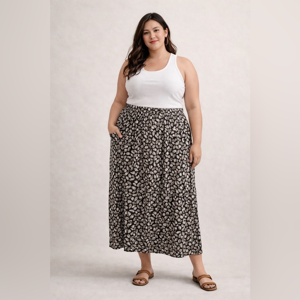 Liz Claiborne Plus Black Abstract Print Midi Skirt Elastic Waist